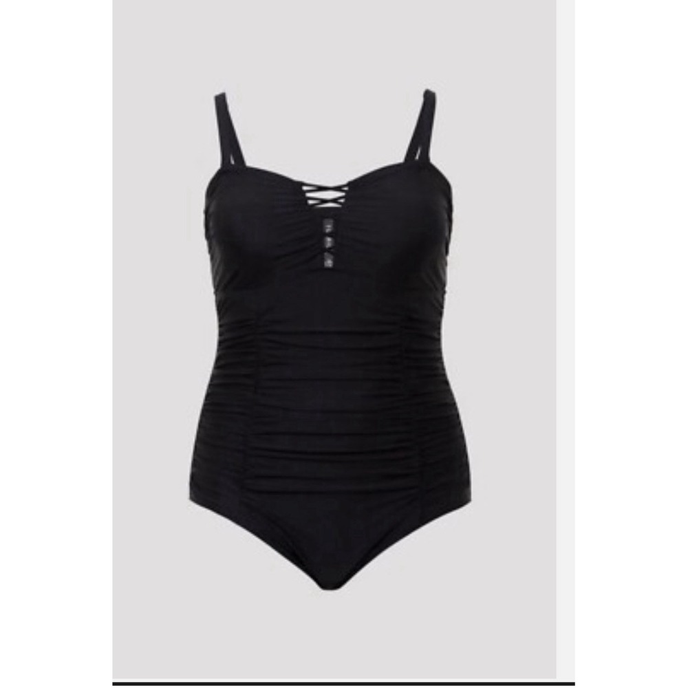Torrid Slim Fix Black One Piece Swimsuit Size 0 NWT Ruched Tummy Control Lattice